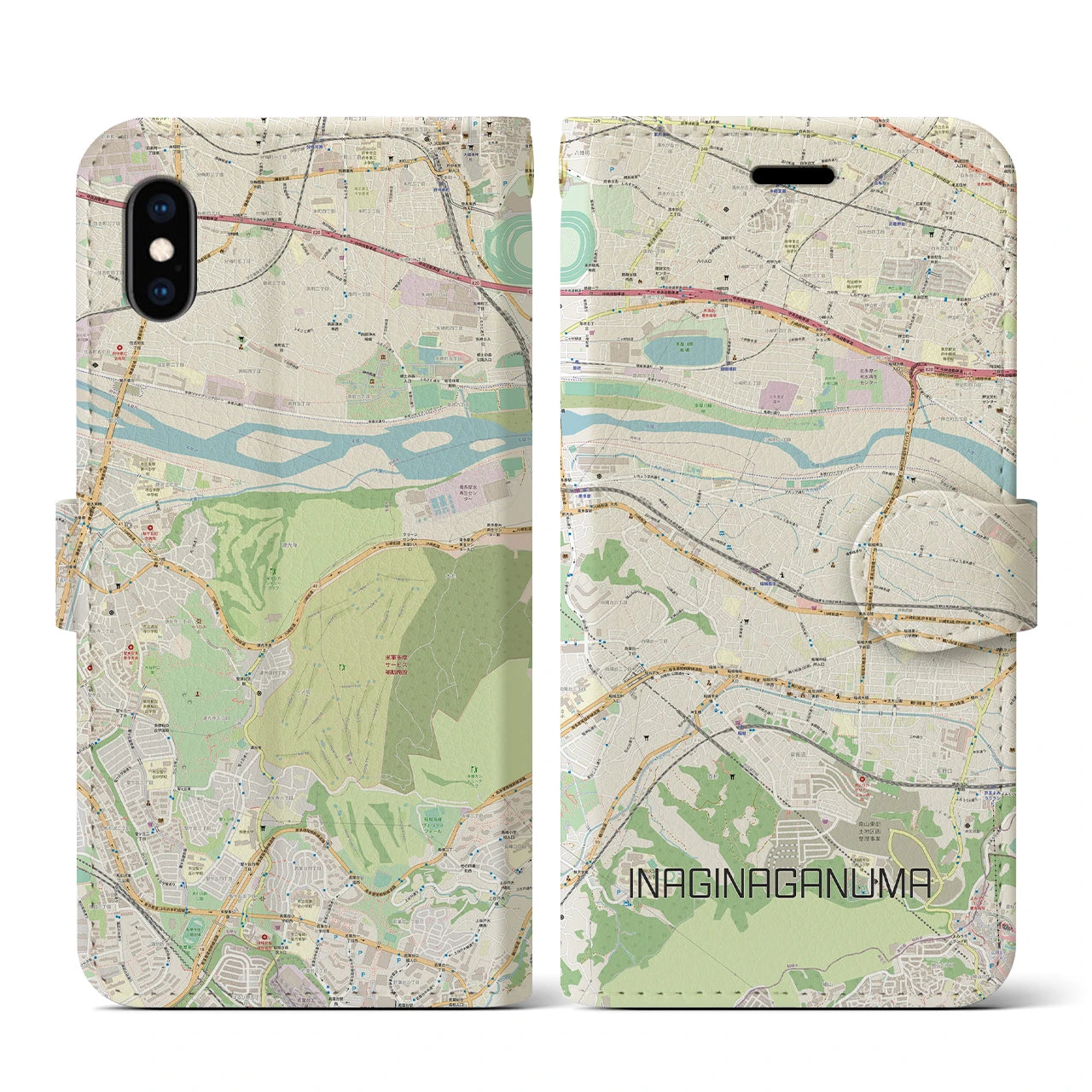 【稲城長沼(東京都)】地図柄iPhoneケース(手帳タイプ)ナチュラル・iPhone XS / X 用