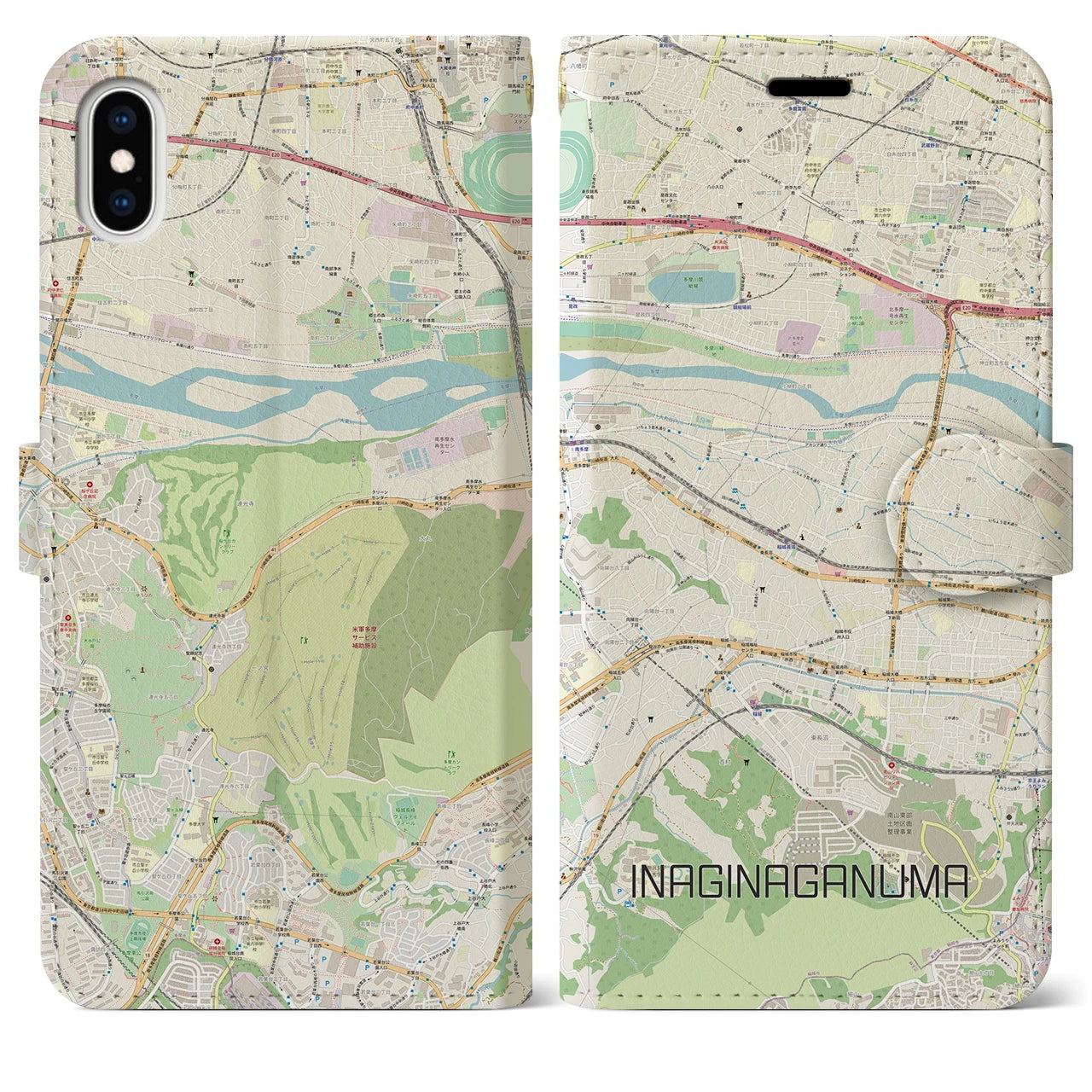 【稲城長沼(東京都)】地図柄iPhoneケース(手帳タイプ)ナチュラル・iPhone XS Max 用