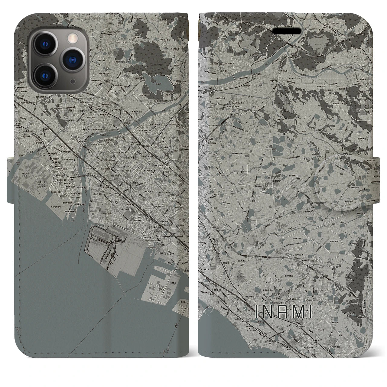 【稲美(兵庫県)】地図柄iPhoneケース(手帳タイプ)モノトーン・iPhone 11 Pro Max 用