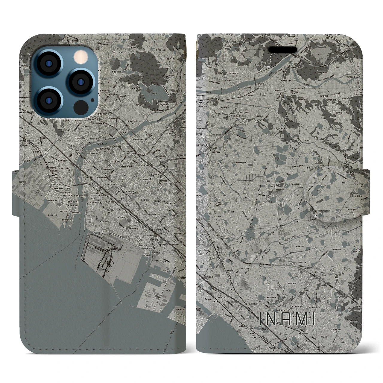 【稲美(兵庫県)】地図柄iPhoneケース(手帳タイプ)モノトーン・iPhone 12 / 12 Pro 用