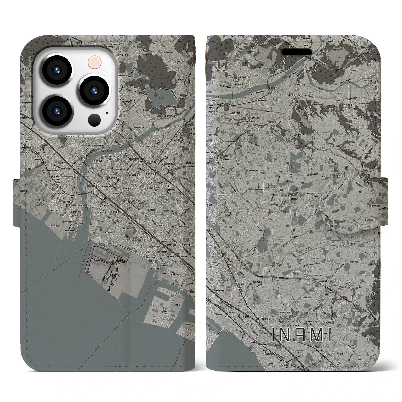 【稲美(兵庫県)】地図柄iPhoneケース(手帳タイプ)モノトーン・iPhone 13 Pro 用