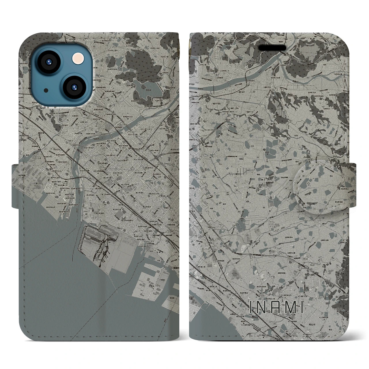 【稲美(兵庫県)】地図柄iPhoneケース(手帳タイプ)モノトーン・iPhone 13 用