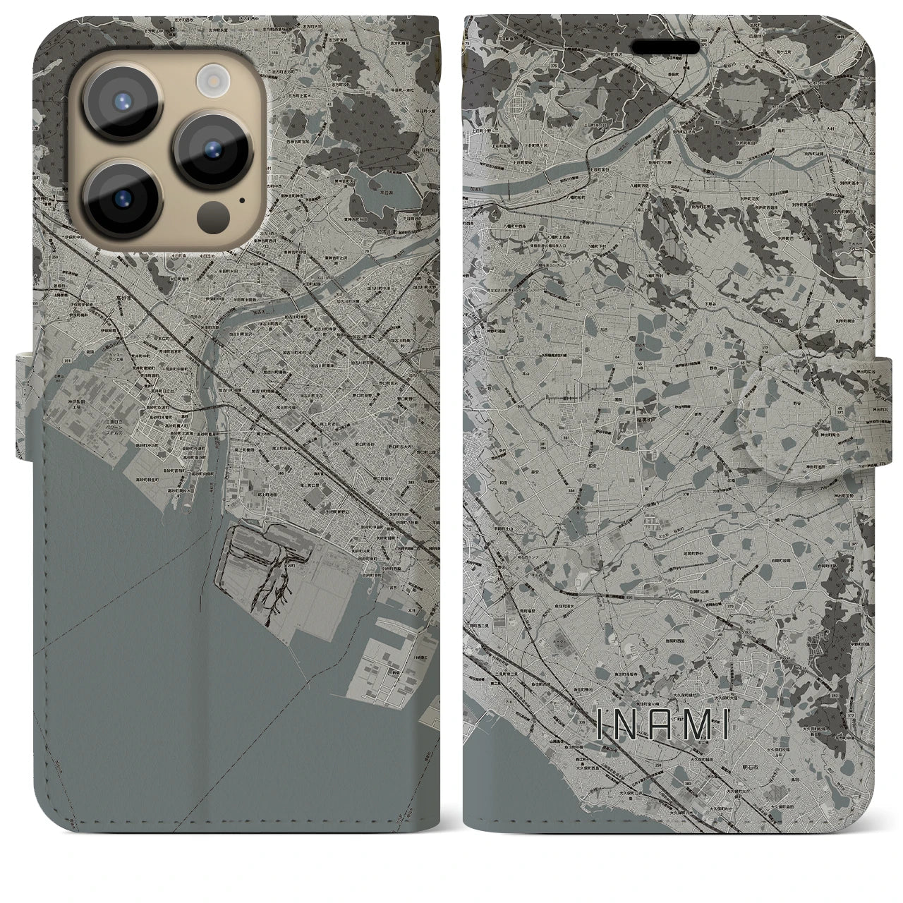 【稲美(兵庫県)】地図柄iPhoneケース(手帳タイプ)モノトーン・iPhone 14 Pro Max 用