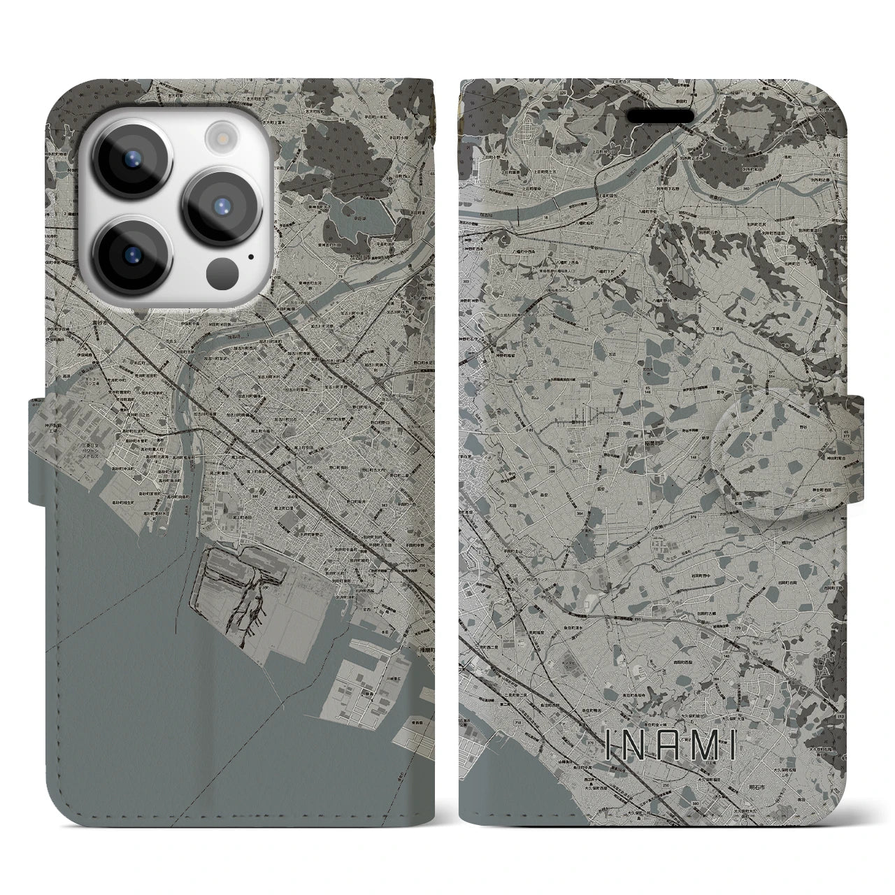 【稲美(兵庫県)】地図柄iPhoneケース(手帳タイプ)モノトーン・iPhone 14 Pro 用