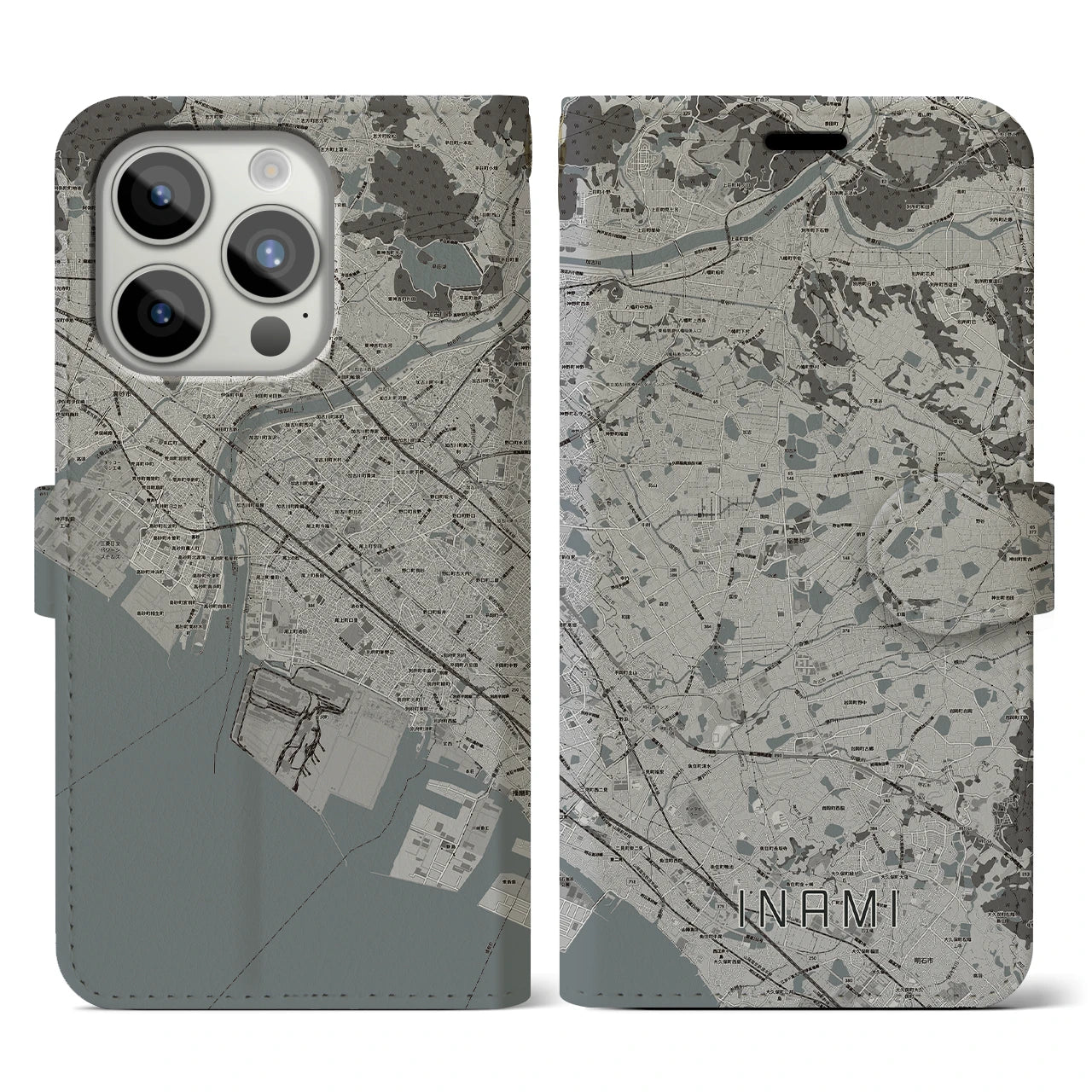 【稲美(兵庫県)】地図柄iPhoneケース(手帳タイプ)モノトーン・iPhone 15 Pro 用