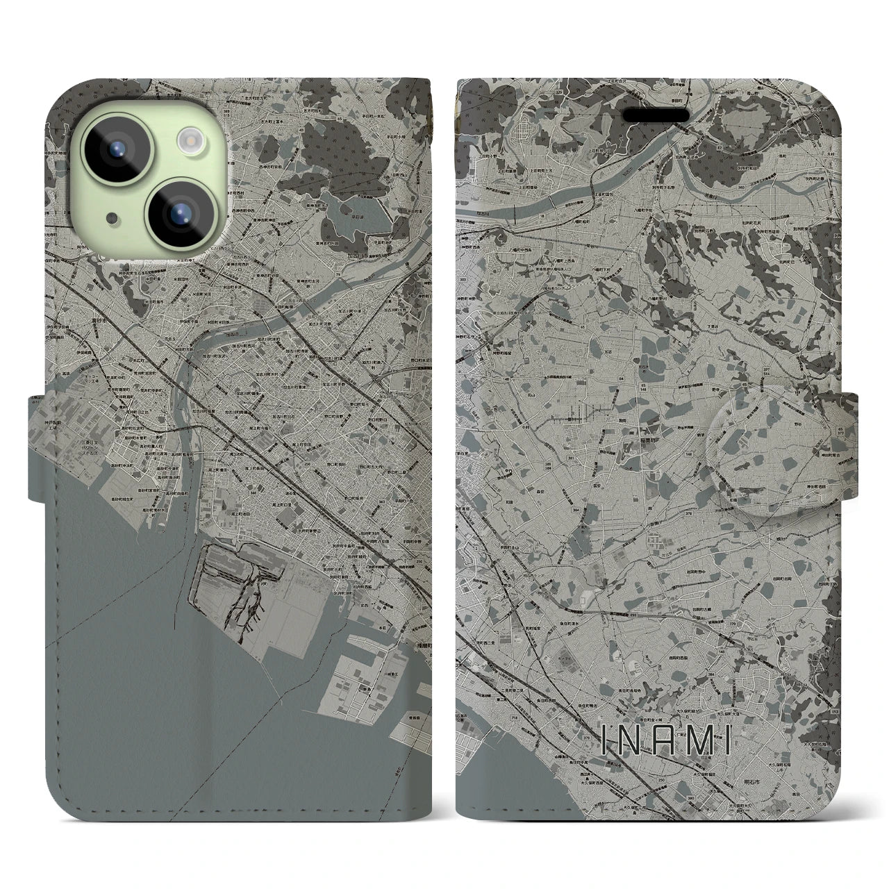 【稲美(兵庫県)】地図柄iPhoneケース(手帳タイプ)モノトーン・iPhone 15 用