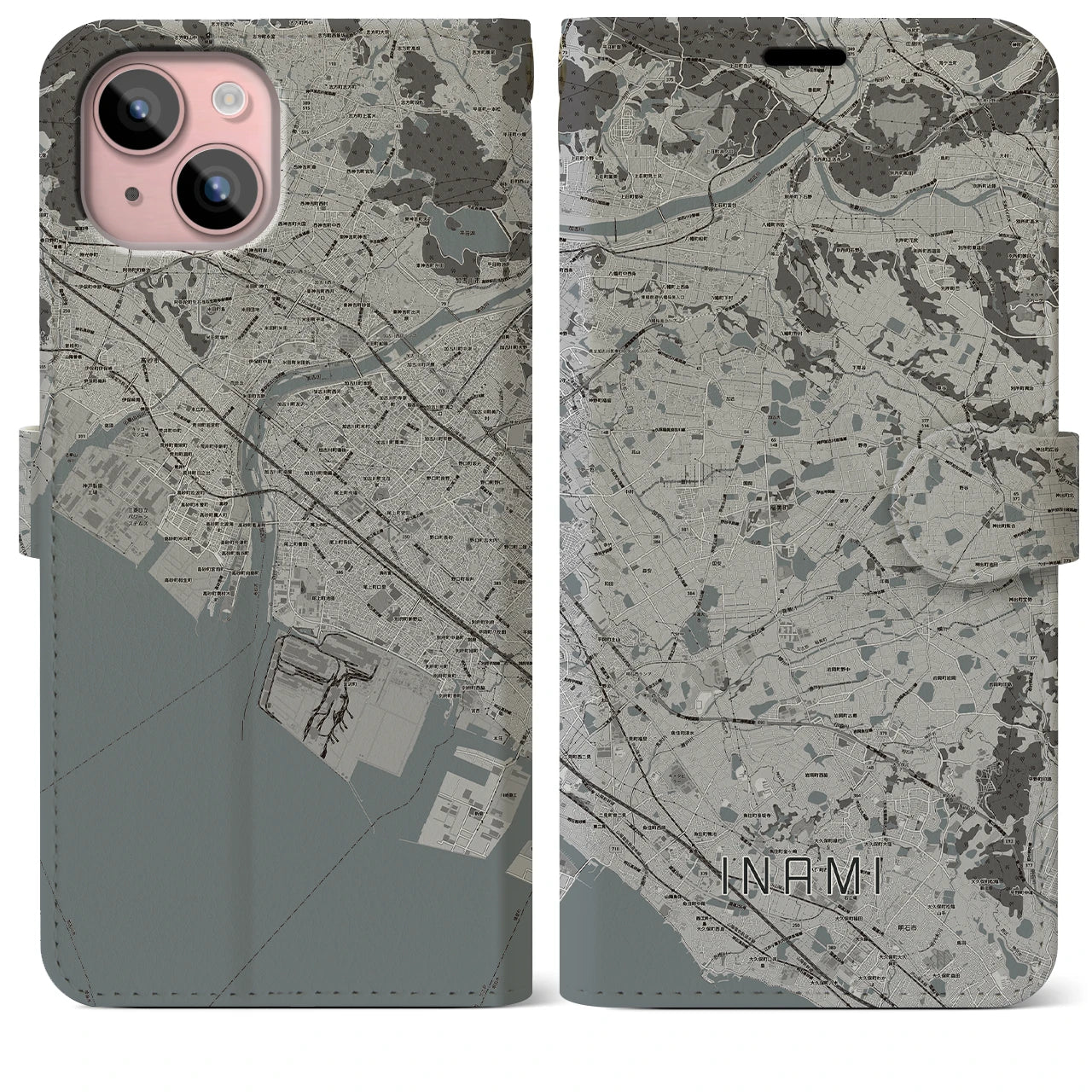 【稲美(兵庫県)】地図柄iPhoneケース(手帳タイプ)モノトーン・iPhone 15 Plus 用