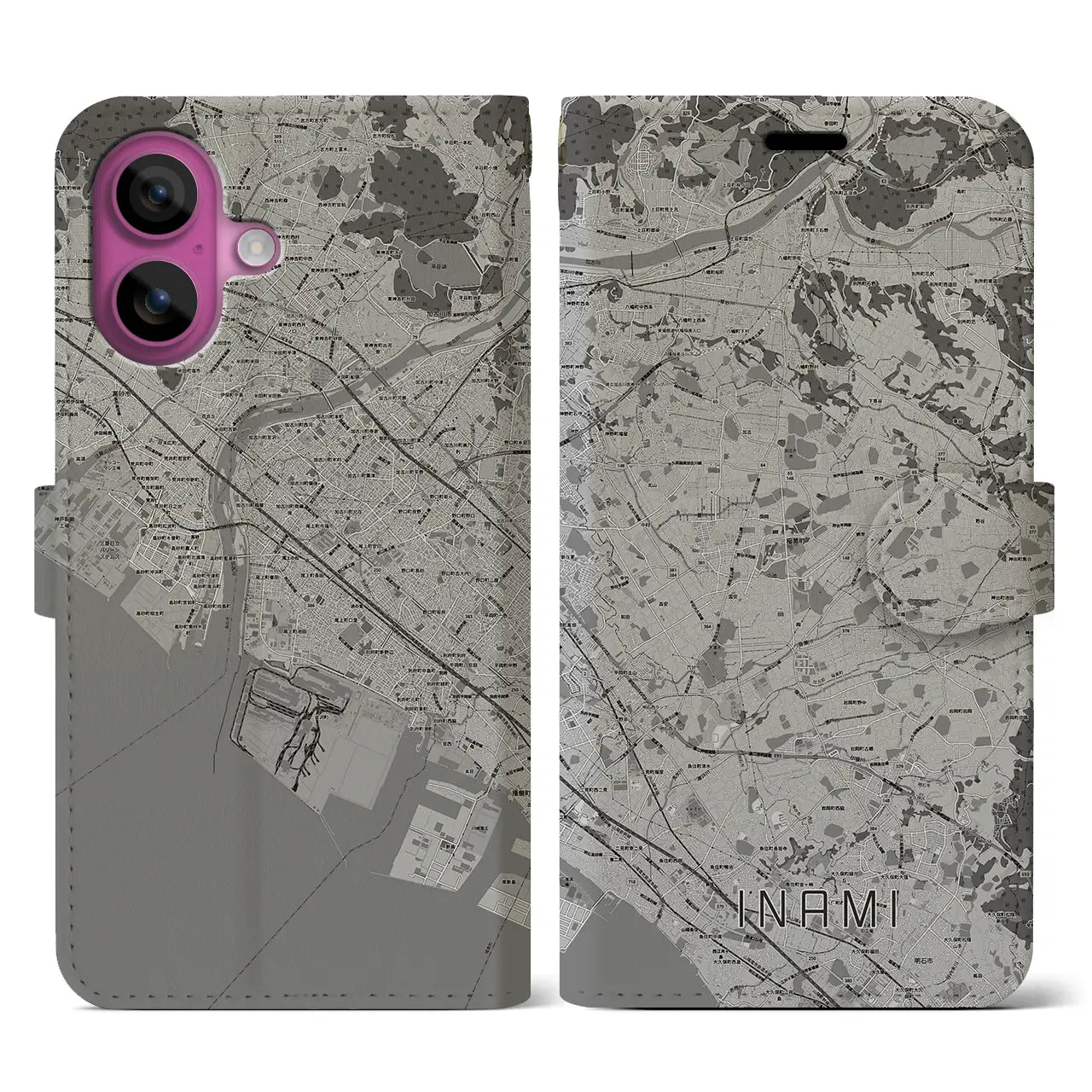 【稲美(兵庫県)】地図柄iPhoneケース(手帳タイプ)モノトーン・iPhone 16 Pro 用