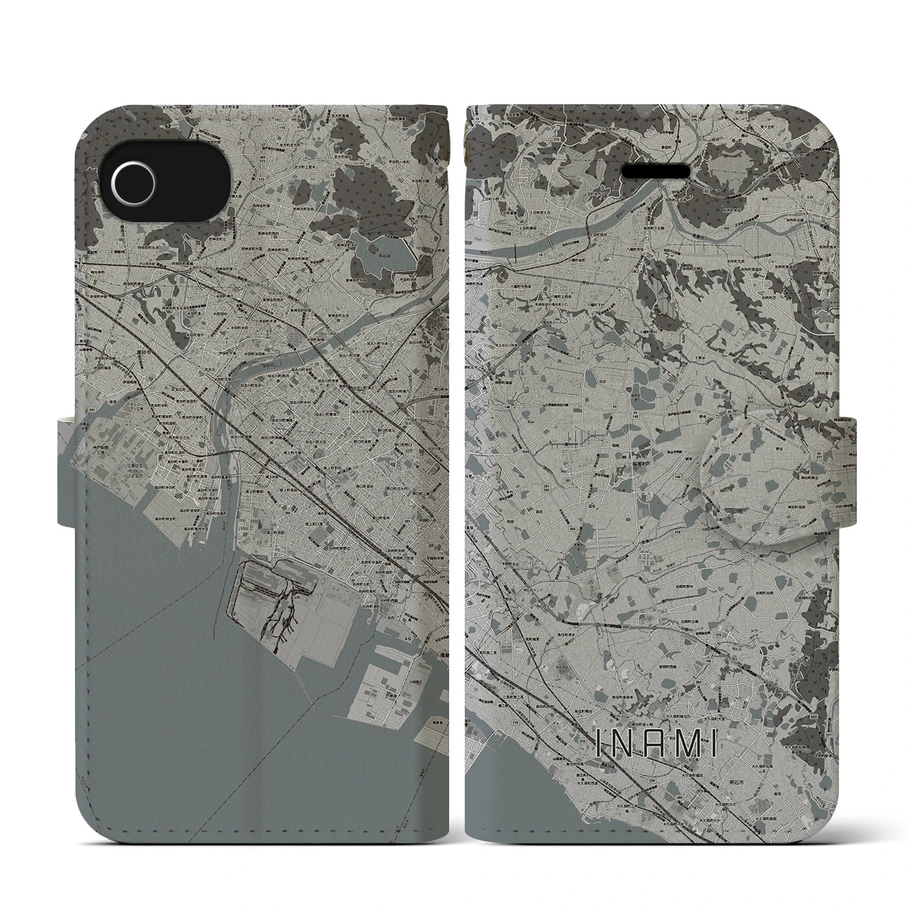 【稲美(兵庫県)】地図柄iPhoneケース(手帳タイプ)モノトーン・iPhone SE(第3 / 第2世代) / 8 / 7 / 6s / 6 用