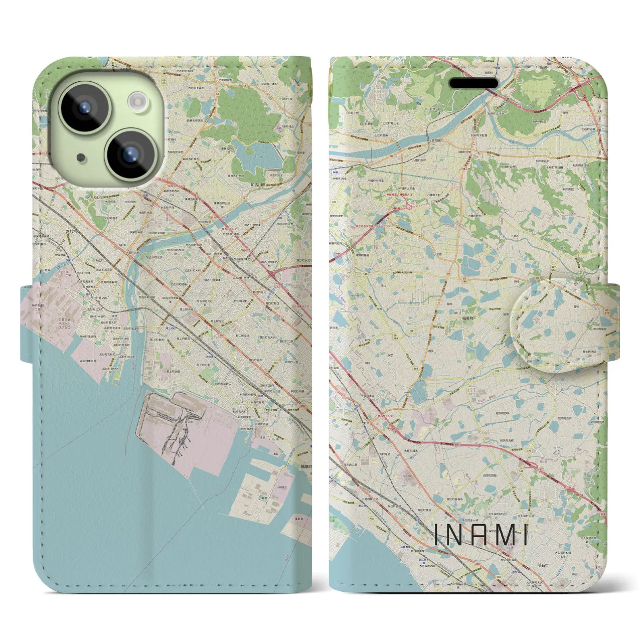 【稲美(兵庫県)】地図柄iPhoneケース(手帳タイプ)ナチュラル・iPhone 15 用
