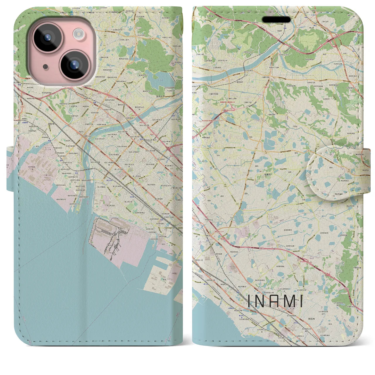 【稲美(兵庫県)】地図柄iPhoneケース(手帳タイプ)ナチュラル・iPhone 15 Plus 用