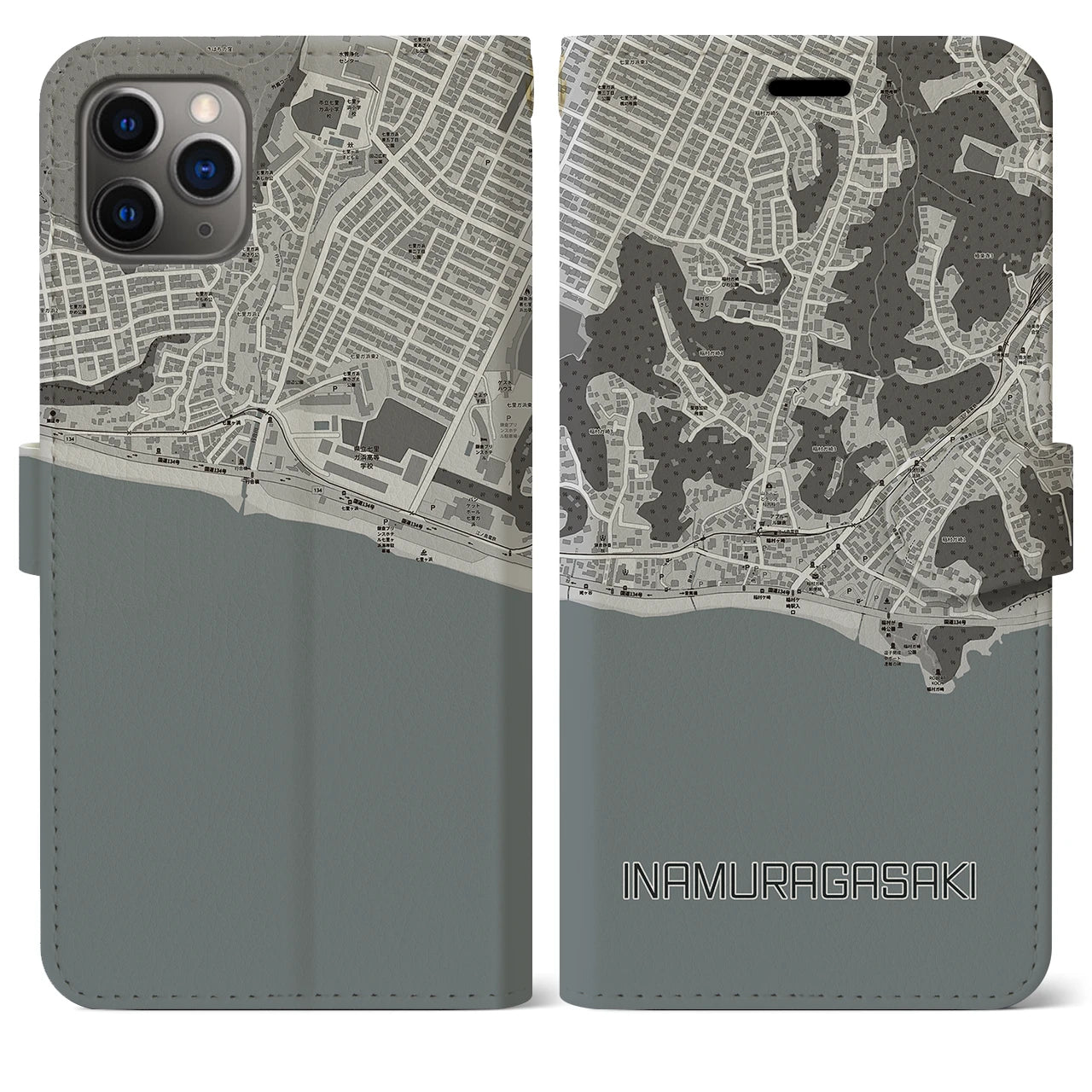 【稲村ヶ崎(神奈川県)】地図柄iPhoneケース(手帳タイプ)モノトーン・iPhone 11 Pro Max 用