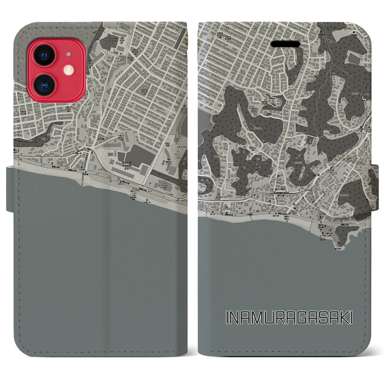 【稲村ヶ崎(神奈川県)】地図柄iPhoneケース(手帳タイプ)モノトーン・iPhone 11 用