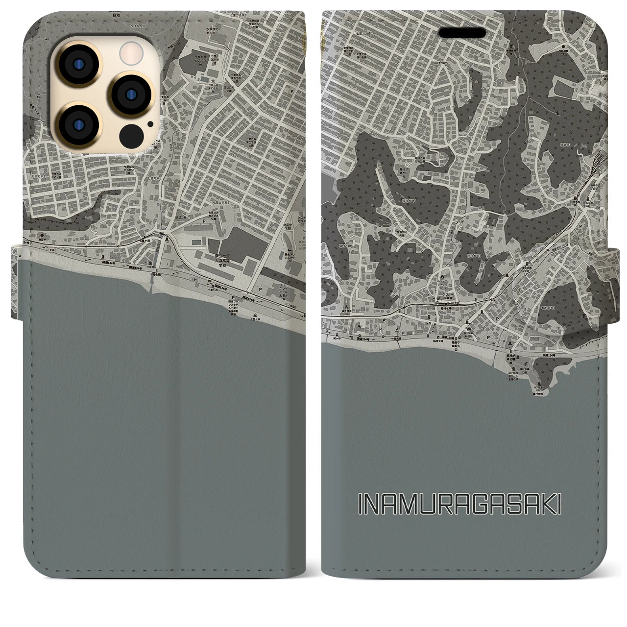 【稲村ヶ崎(神奈川県)】地図柄iPhoneケース(手帳タイプ)モノトーン・iPhone 12 Pro Max 用