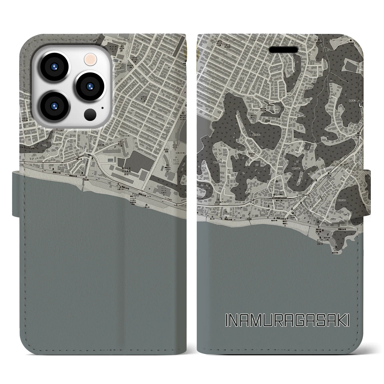 【稲村ヶ崎(神奈川県)】地図柄iPhoneケース(手帳タイプ)モノトーン・iPhone 13 Pro 用