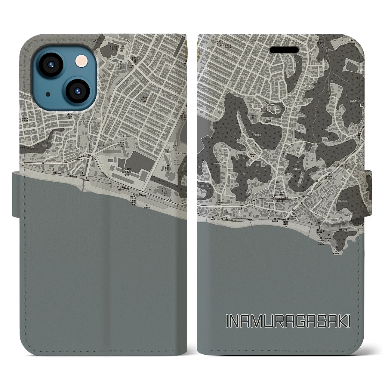 【稲村ヶ崎(神奈川県)】地図柄iPhoneケース(手帳タイプ)モノトーン・iPhone 13 用