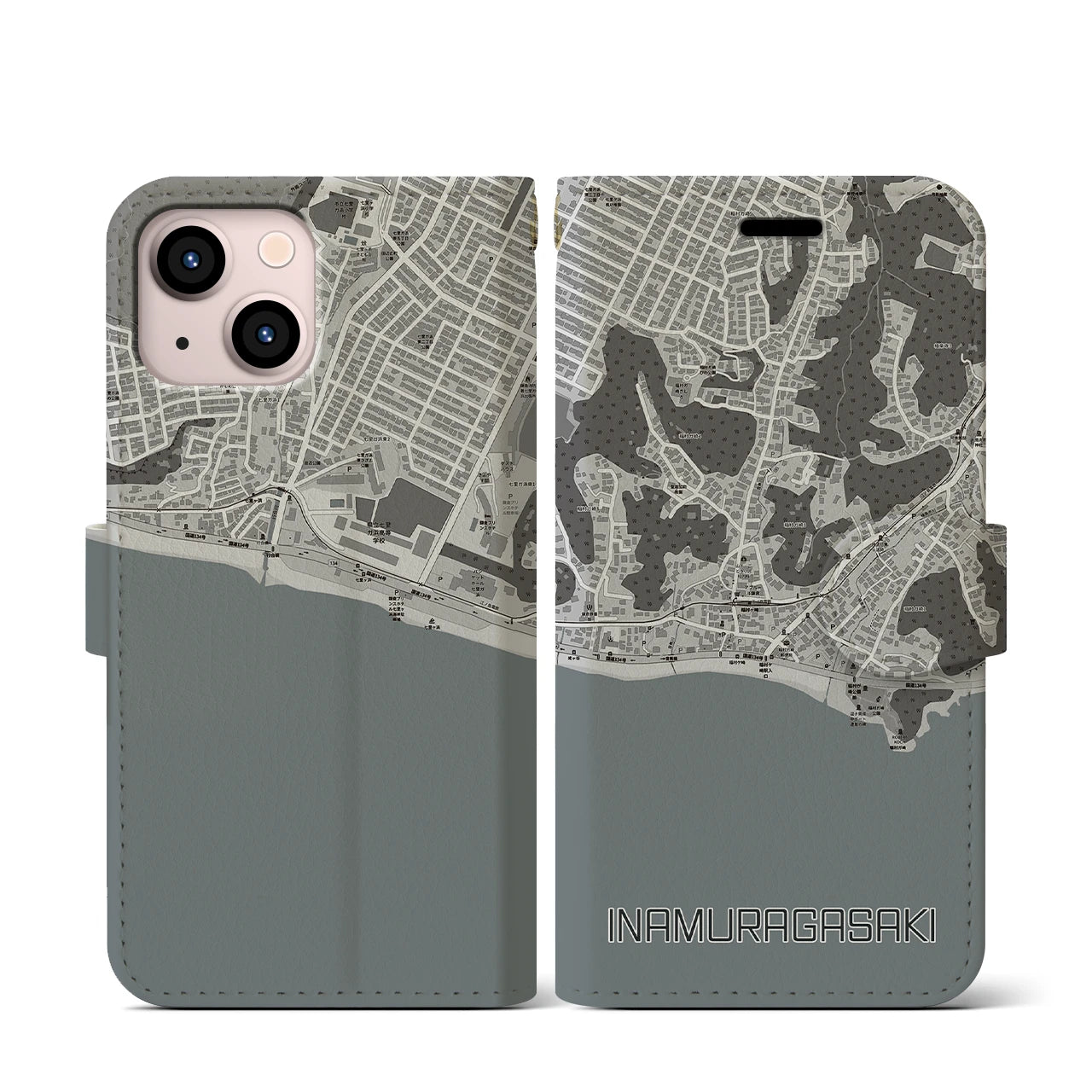 【稲村ヶ崎(神奈川県)】地図柄iPhoneケース(手帳タイプ)モノトーン・iPhone 13 mini 用