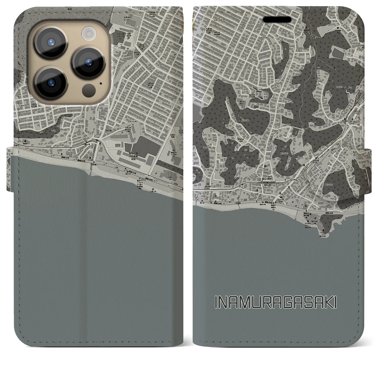【稲村ヶ崎(神奈川県)】地図柄iPhoneケース(手帳タイプ)モノトーン・iPhone 14 Pro Max 用