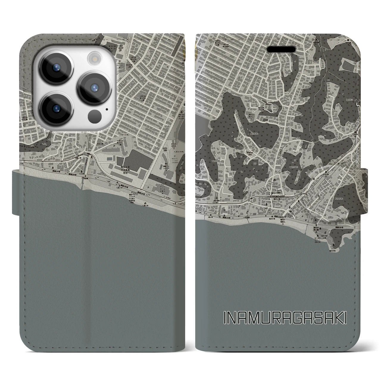 【稲村ヶ崎(神奈川県)】地図柄iPhoneケース(手帳タイプ)モノトーン・iPhone 14 Pro 用