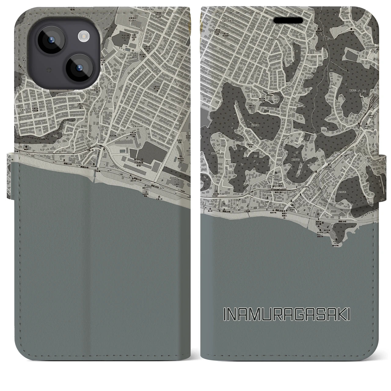 【稲村ヶ崎(神奈川県)】地図柄iPhoneケース(手帳タイプ)モノトーン・iPhone 14 Plus 用