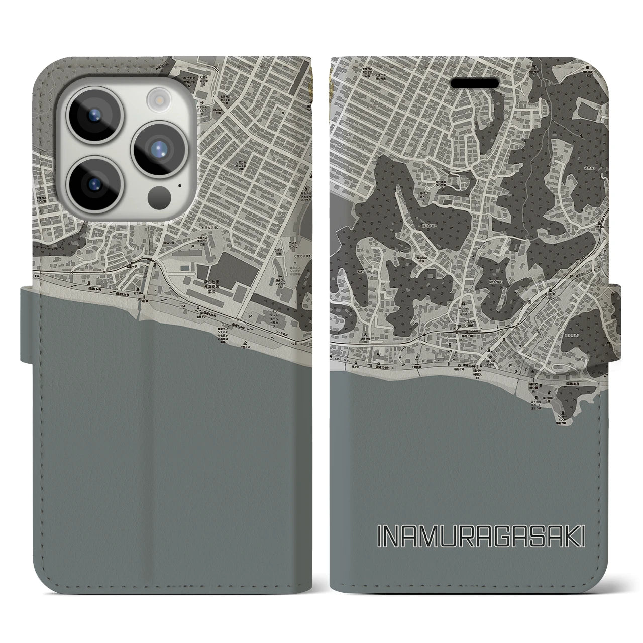 【稲村ヶ崎(神奈川県)】地図柄iPhoneケース(手帳タイプ)モノトーン・iPhone 15 Pro 用