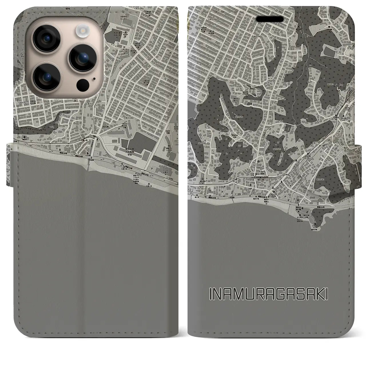 【稲村ヶ崎(神奈川県)】地図柄iPhoneケース(手帳タイプ)モノトーン・iPhone 16 Plus 用