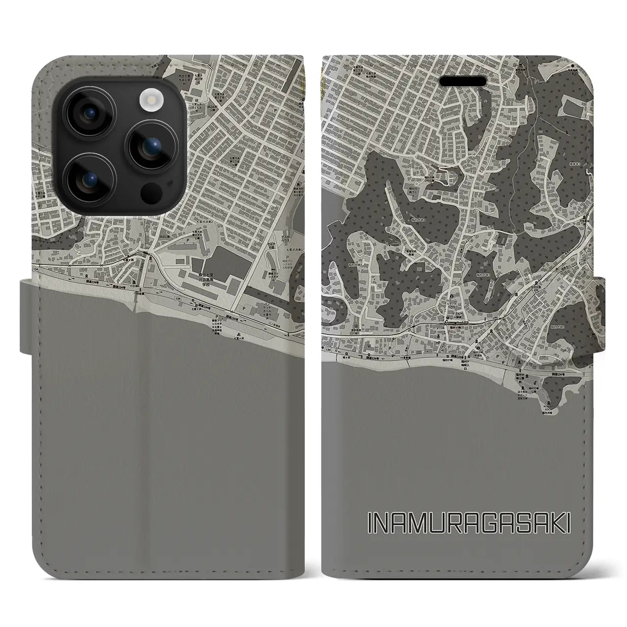 【稲村ヶ崎(神奈川県)】地図柄iPhoneケース(手帳タイプ)モノトーン・iPhone 16 用