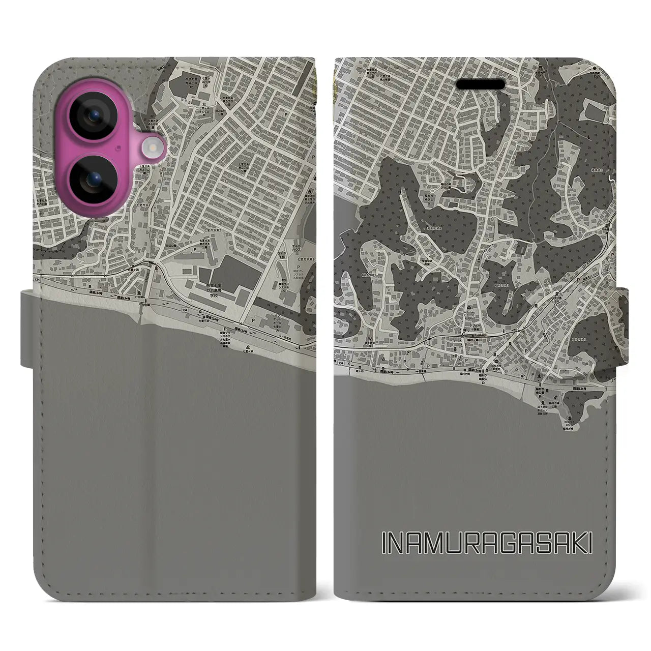 【稲村ヶ崎(神奈川県)】地図柄iPhoneケース(手帳タイプ)モノトーン・iPhone 16 Pro 用