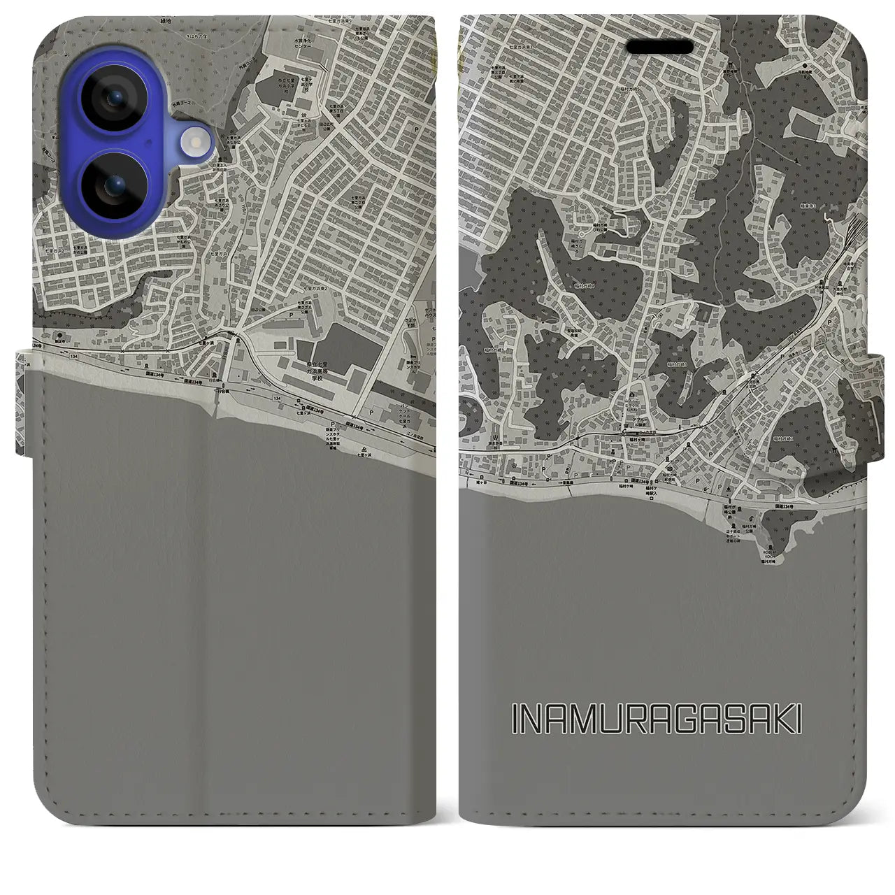 【稲村ヶ崎(神奈川県)】地図柄iPhoneケース(手帳タイプ)モノトーン・iPhone 16 Pro Max 用
