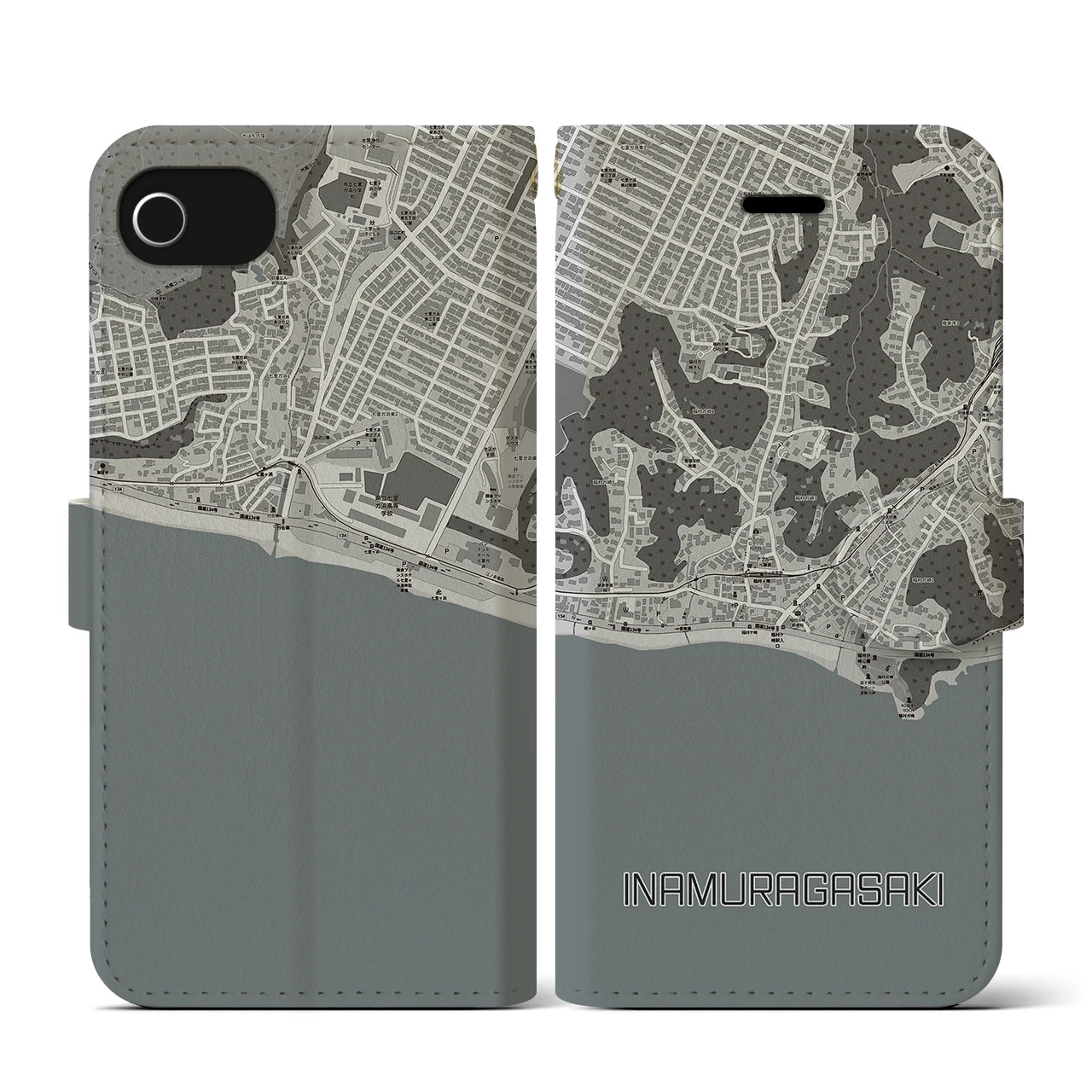 【稲村ヶ崎(神奈川県)】地図柄iPhoneケース(手帳タイプ)モノトーン・iPhone SE(第3 / 第2世代) / 8 / 7 / 6s / 6 用