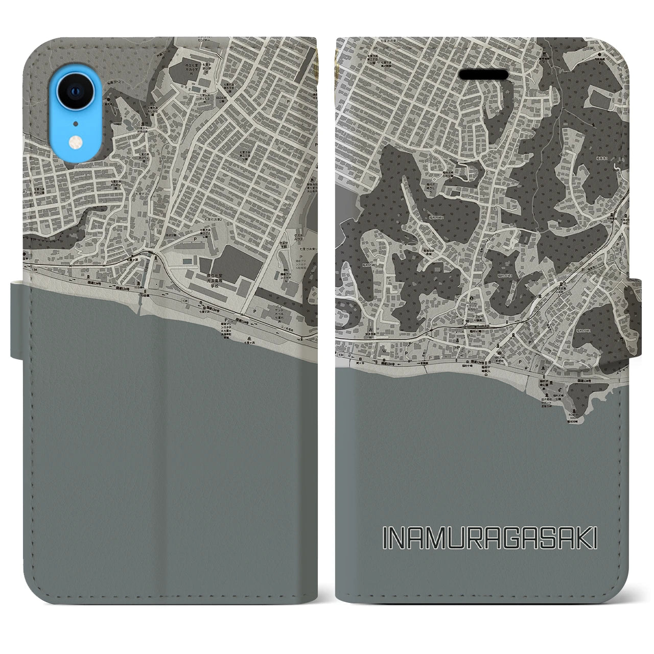 【稲村ヶ崎(神奈川県)】地図柄iPhoneケース(手帳タイプ)モノトーン・iPhone XR 用