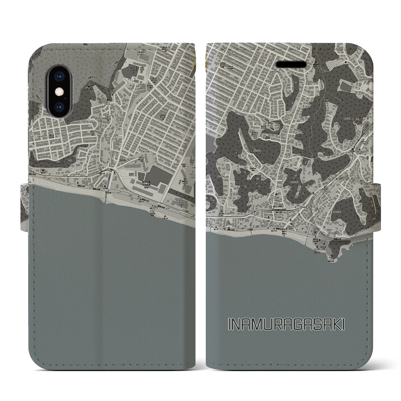 【稲村ヶ崎(神奈川県)】地図柄iPhoneケース(手帳タイプ)モノトーン・iPhone XS / X 用