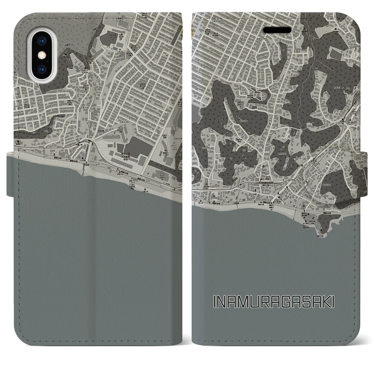 【稲村ヶ崎(神奈川県)】地図柄iPhoneケース(手帳タイプ)モノトーン・iPhone XS Max 用