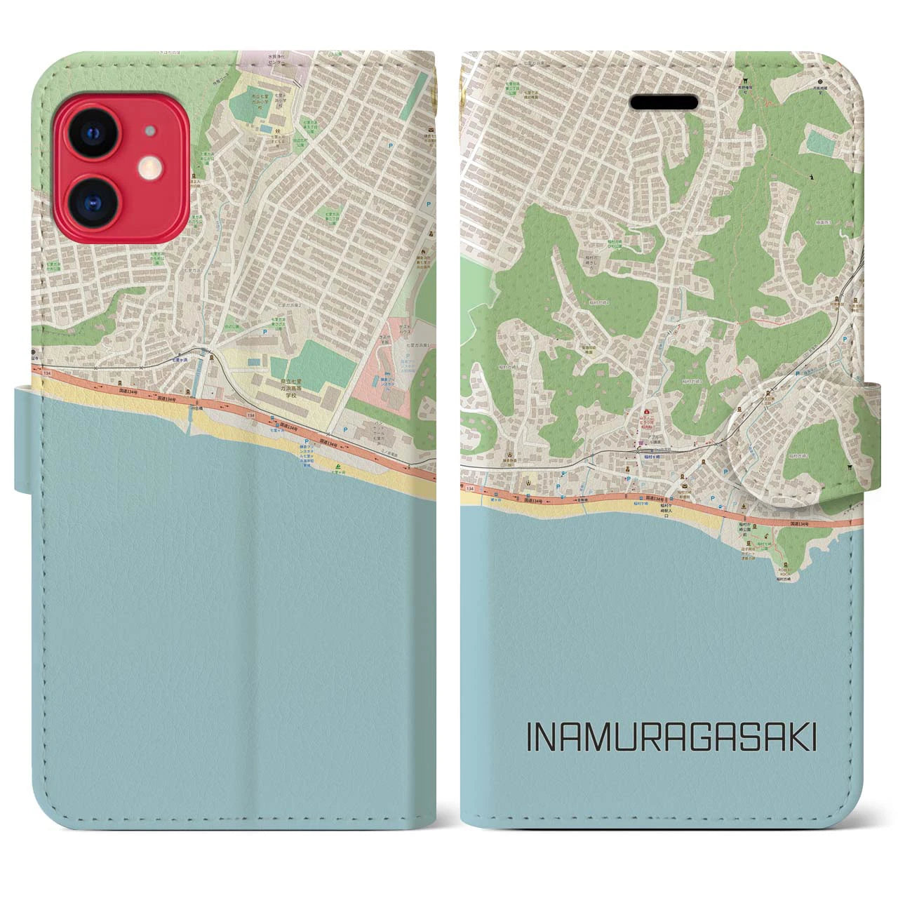 【稲村ヶ崎(神奈川県)】地図柄iPhoneケース(手帳タイプ)ナチュラル・iPhone 11 用