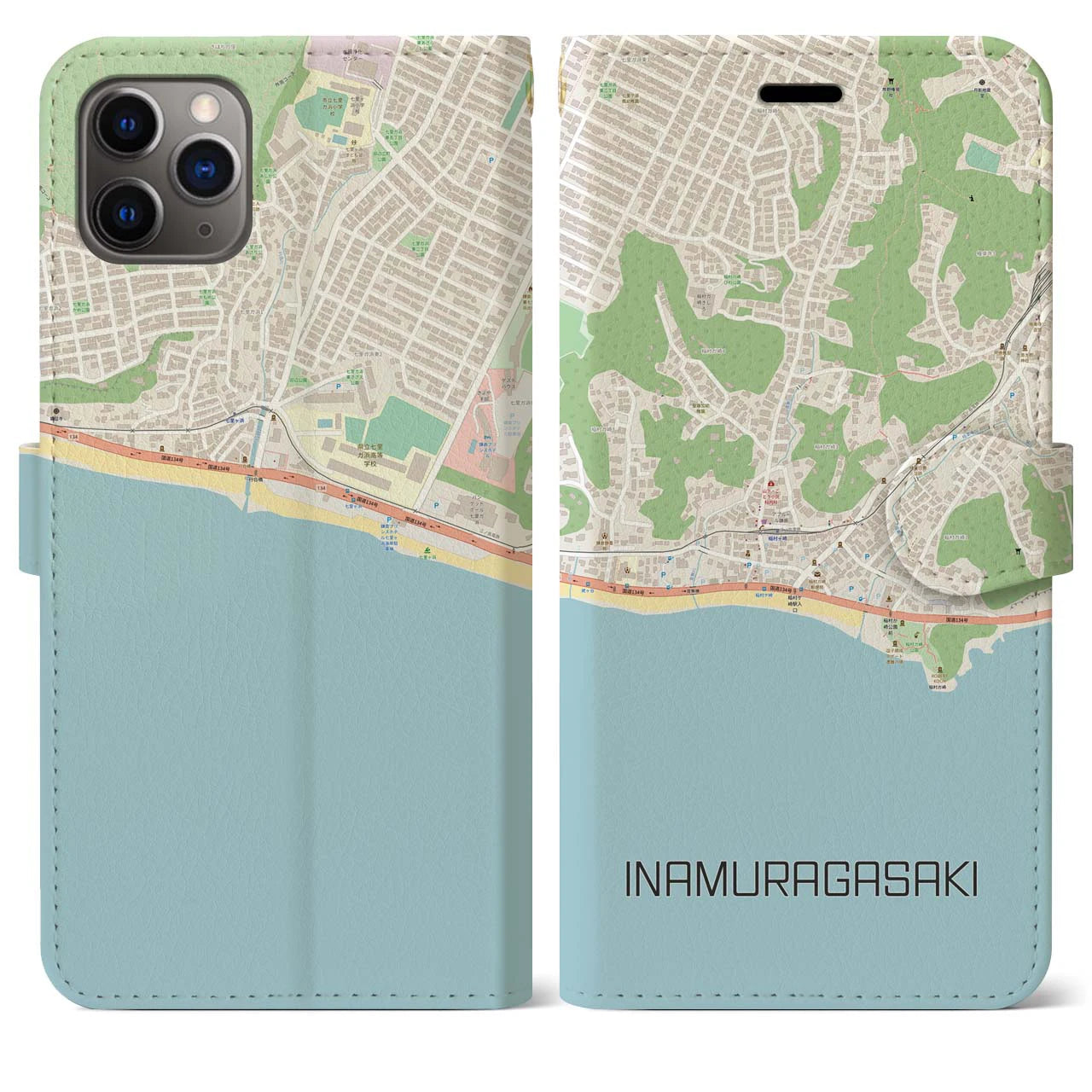 【稲村ヶ崎(神奈川県)】地図柄iPhoneケース(手帳タイプ)ナチュラル・iPhone 11 Pro Max 用