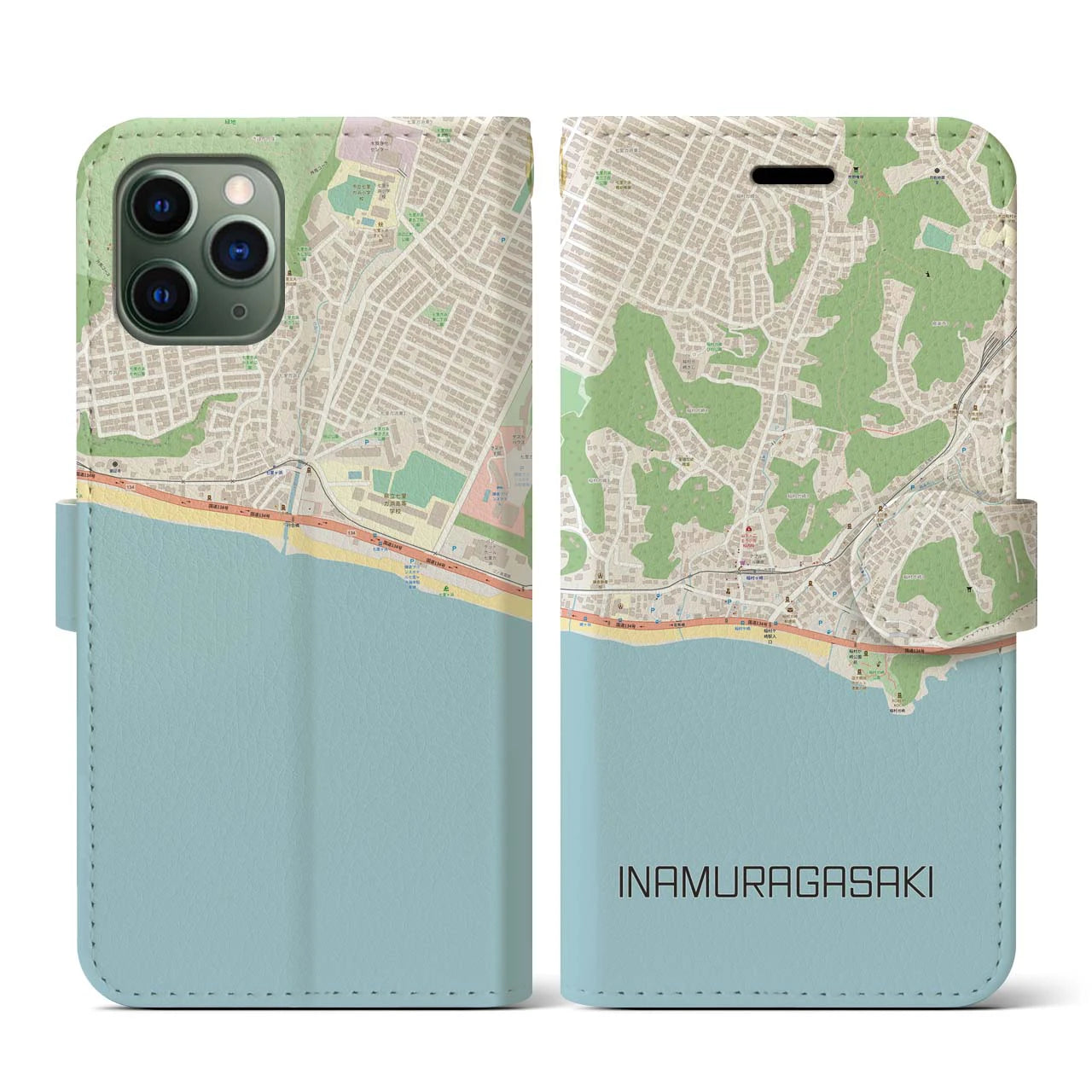 【稲村ヶ崎(神奈川県)】地図柄iPhoneケース(手帳タイプ)ナチュラル・iPhone 11 Pro 用