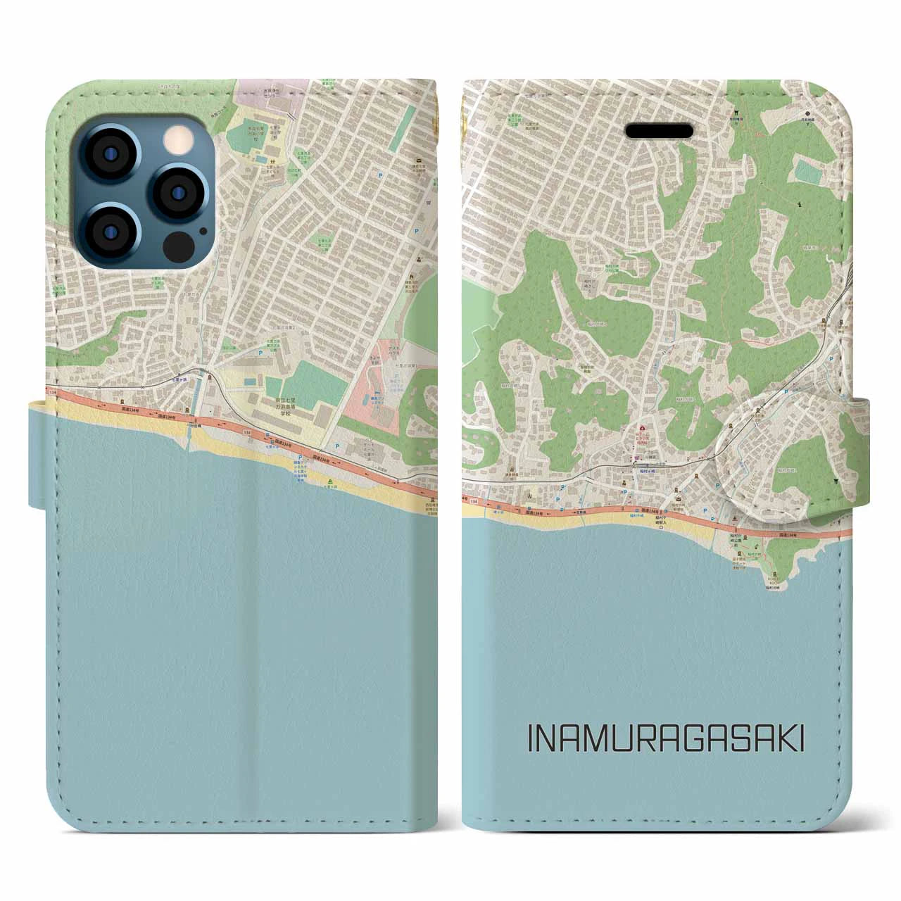 【稲村ヶ崎(神奈川県)】地図柄iPhoneケース(手帳タイプ)ナチュラル・iPhone 12 / 12 Pro 用