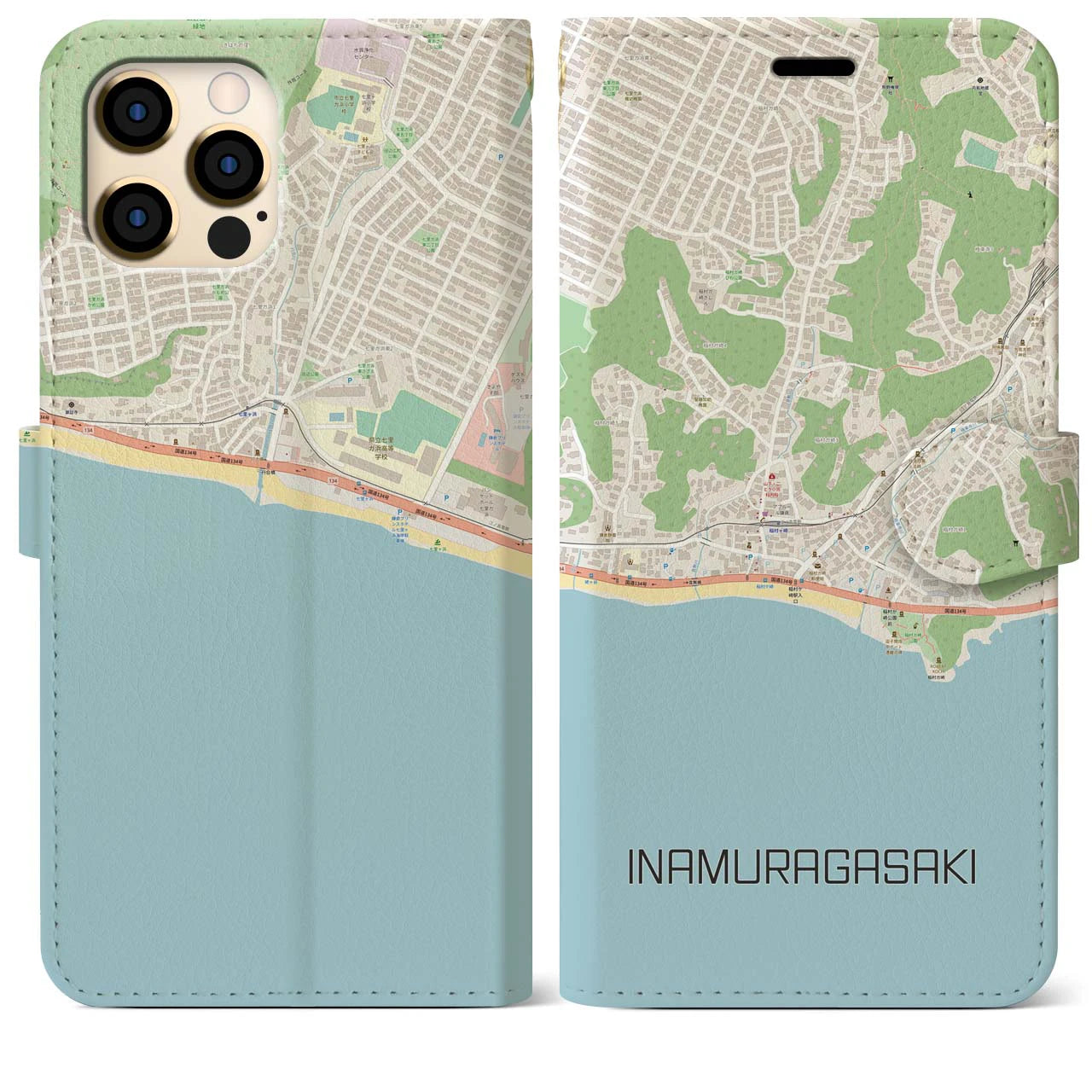 【稲村ヶ崎(神奈川県)】地図柄iPhoneケース(手帳タイプ)ナチュラル・iPhone 12 Pro Max 用