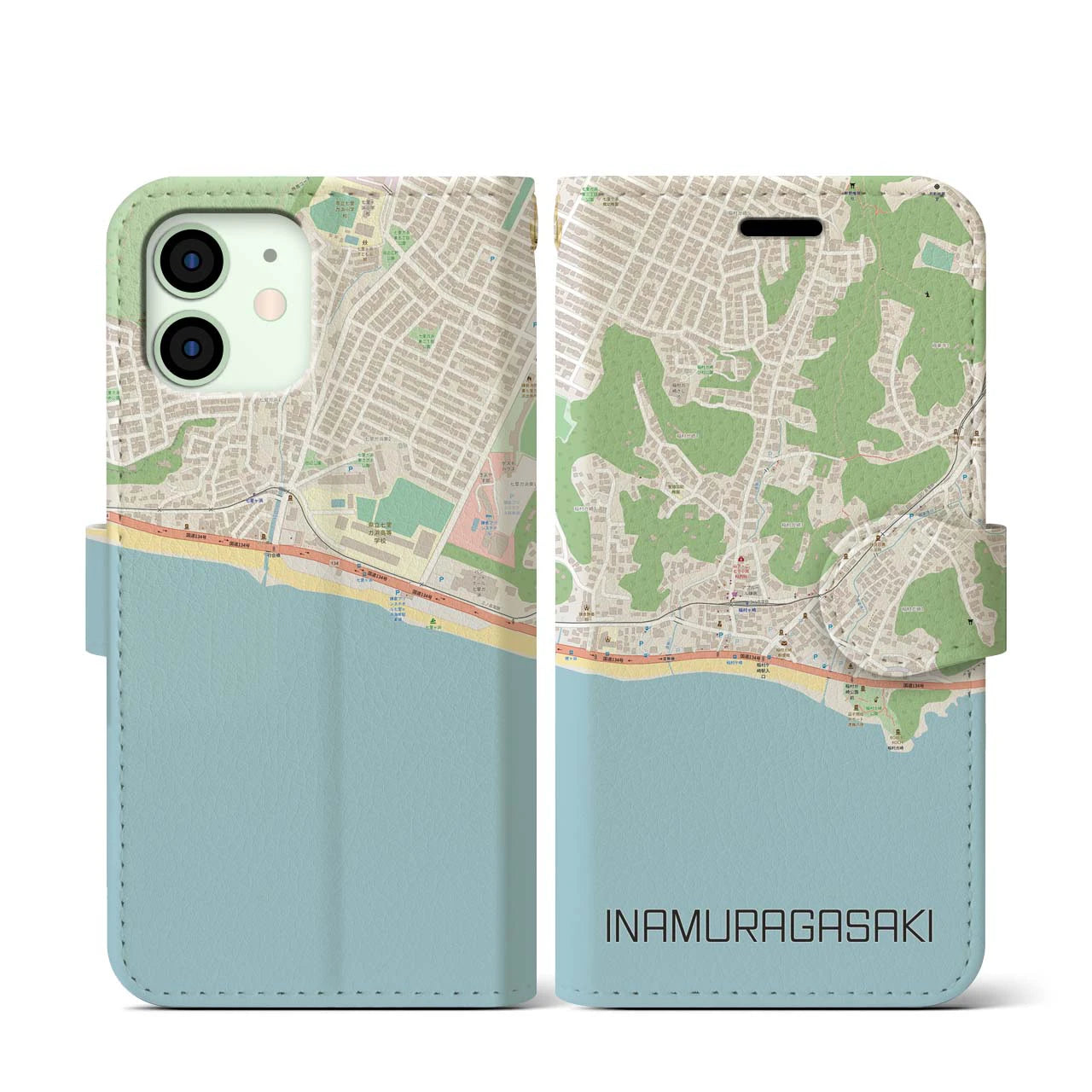 【稲村ヶ崎(神奈川県)】地図柄iPhoneケース(手帳タイプ)ナチュラル・iPhone 12 mini 用