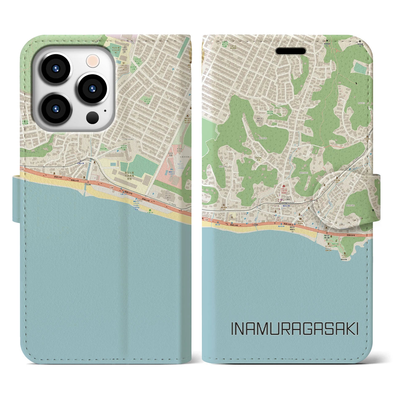 【稲村ヶ崎(神奈川県)】地図柄iPhoneケース(手帳タイプ)ナチュラル・iPhone 13 Pro 用
