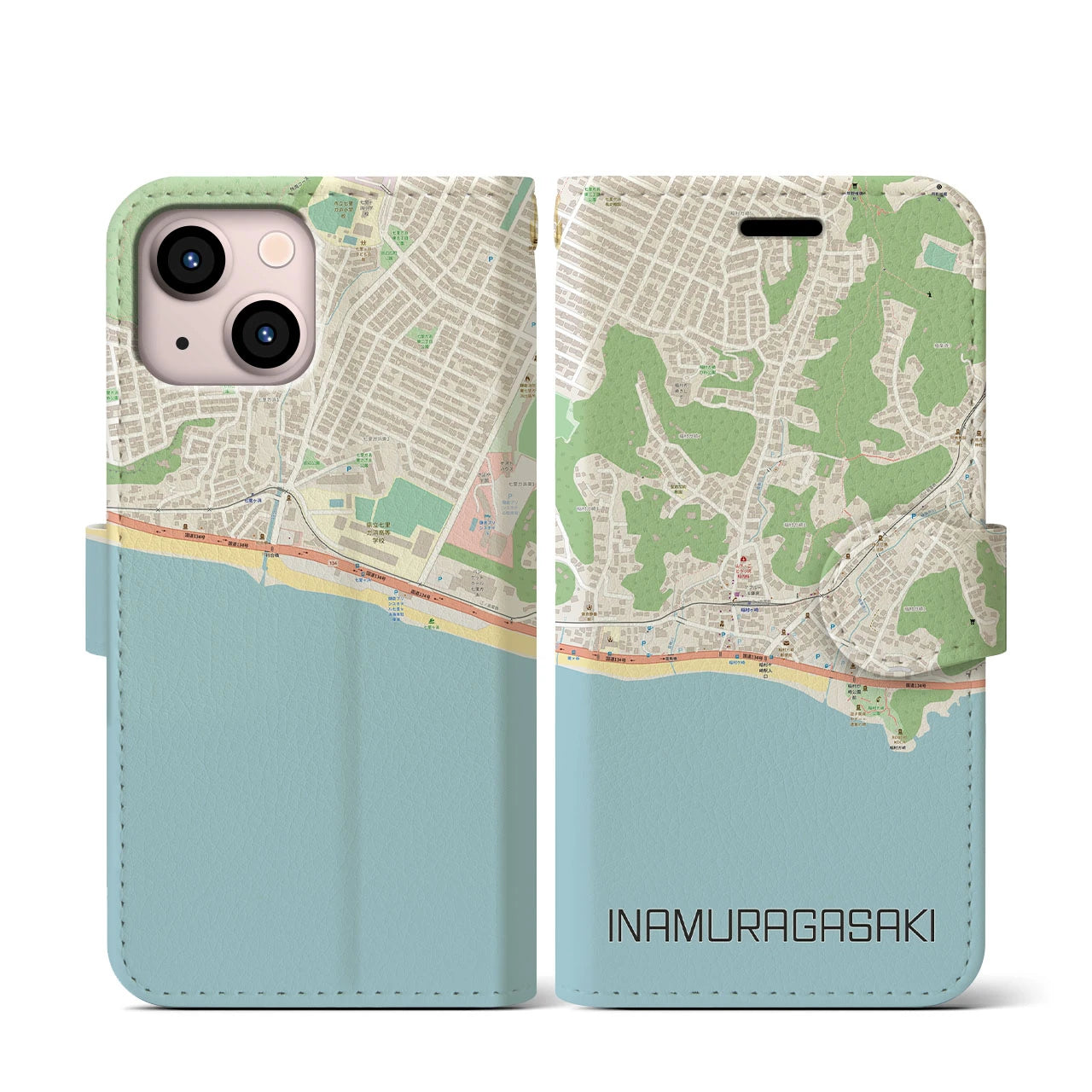 【稲村ヶ崎(神奈川県)】地図柄iPhoneケース(手帳タイプ)ナチュラル・iPhone 13 mini 用