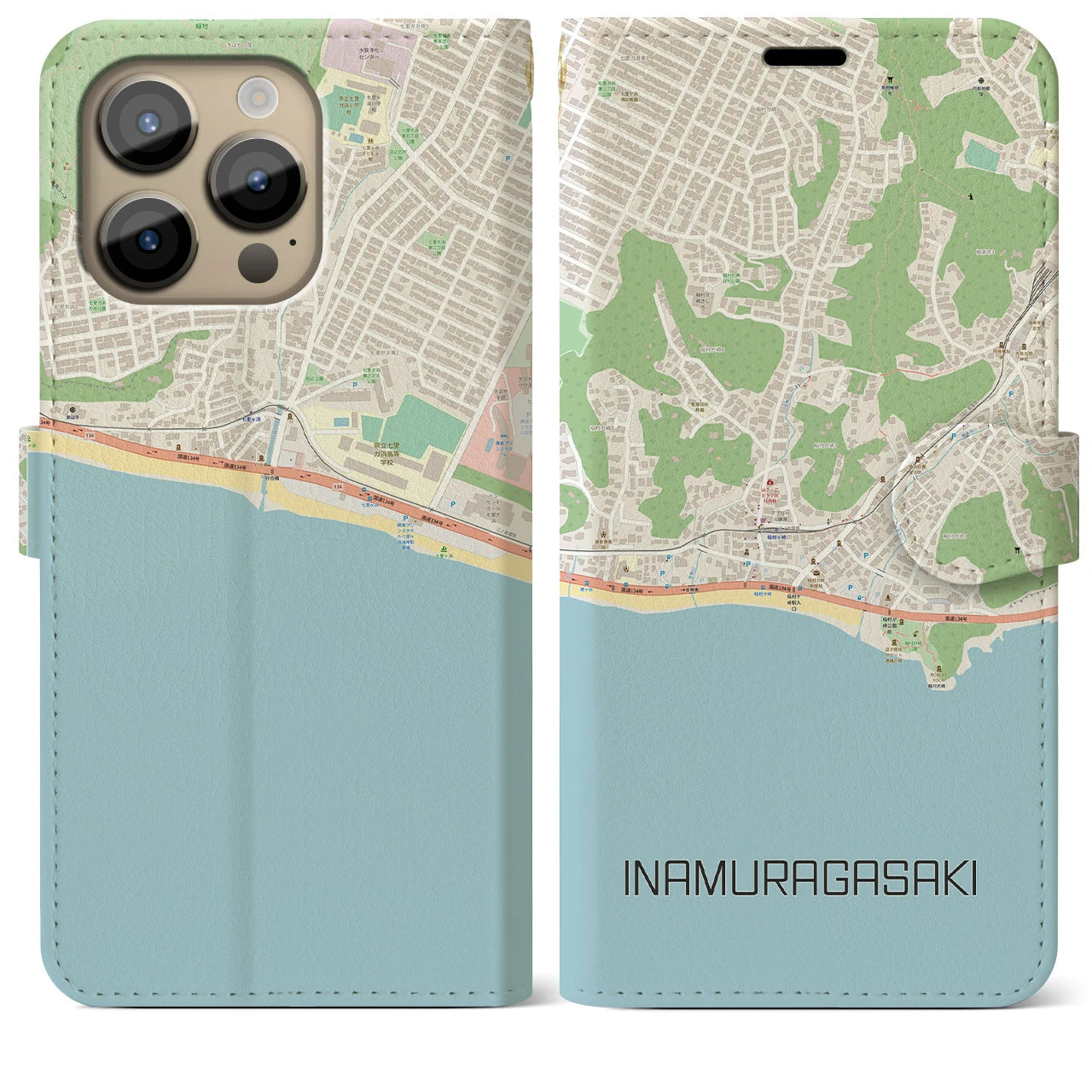 【稲村ヶ崎(神奈川県)】地図柄iPhoneケース(手帳タイプ)ナチュラル・iPhone 14 Pro Max 用