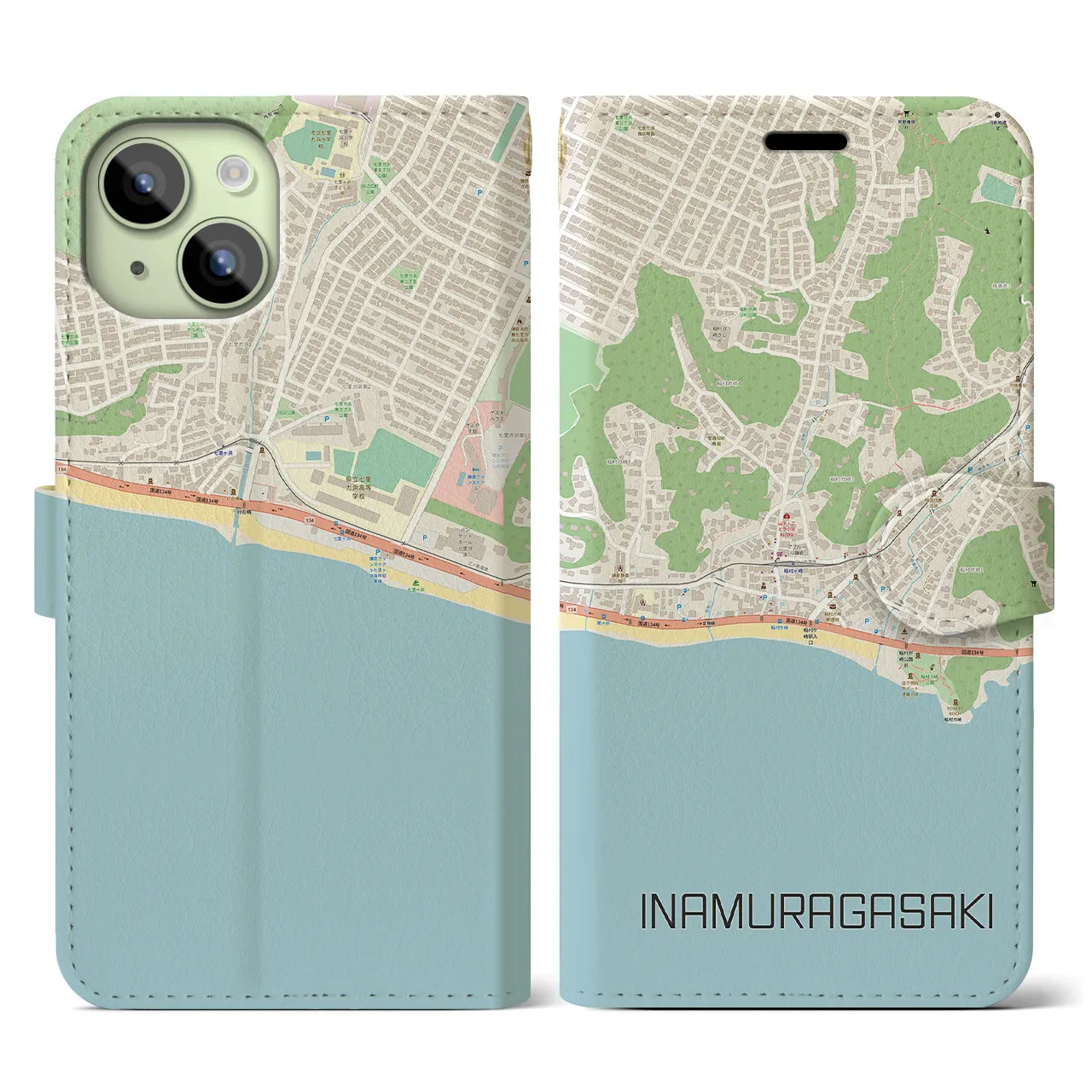 【稲村ヶ崎(神奈川県)】地図柄iPhoneケース(手帳タイプ)ナチュラル・iPhone 15 用