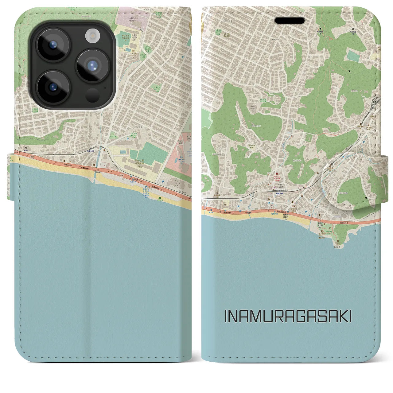 【稲村ヶ崎(神奈川県)】地図柄iPhoneケース(手帳タイプ)ナチュラル・iPhone 15 Pro Max 用