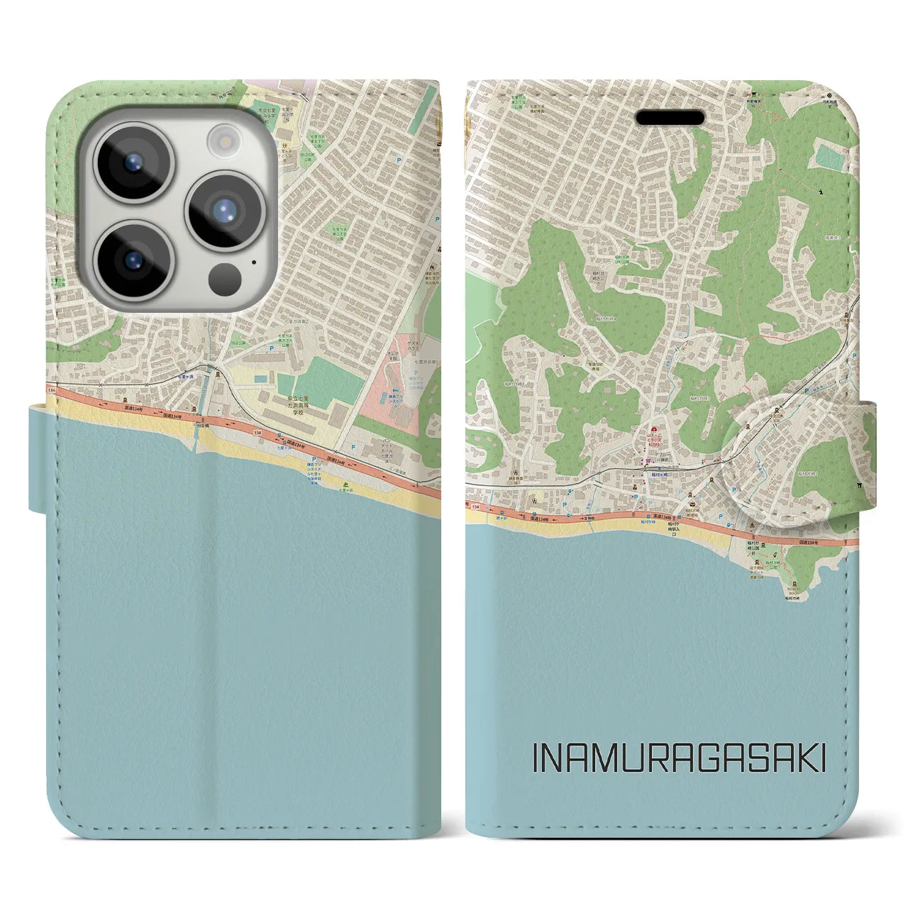 【稲村ヶ崎(神奈川県)】地図柄iPhoneケース(手帳タイプ)ナチュラル・iPhone 15 Pro 用