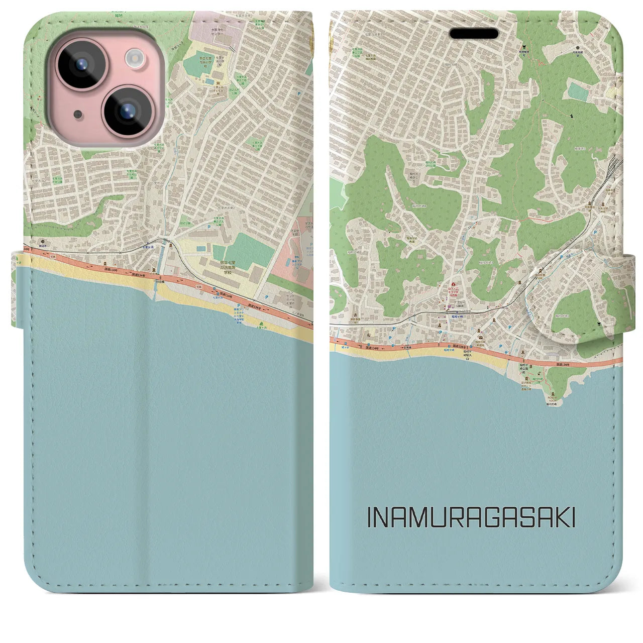 【稲村ヶ崎(神奈川県)】地図柄iPhoneケース(手帳タイプ)ナチュラル・iPhone 15 Plus 用