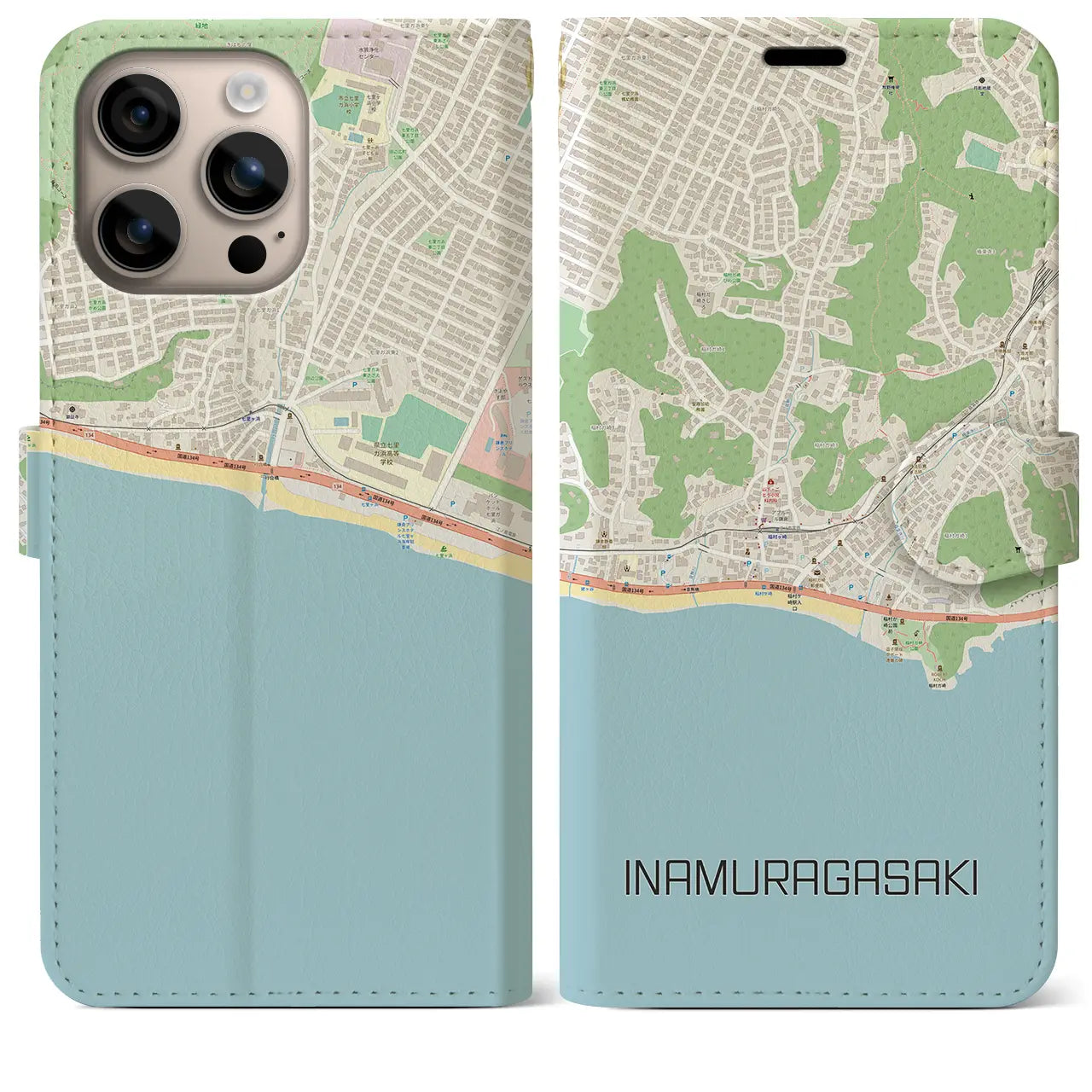 【稲村ヶ崎(神奈川県)】地図柄iPhoneケース(手帳タイプ)ナチュラル・iPhone 16 Plus 用