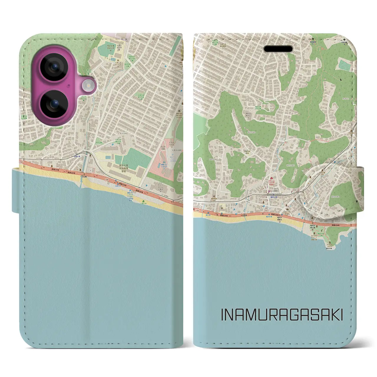 【稲村ヶ崎(神奈川県)】地図柄iPhoneケース(手帳タイプ)ナチュラル・iPhone 16 Pro 用