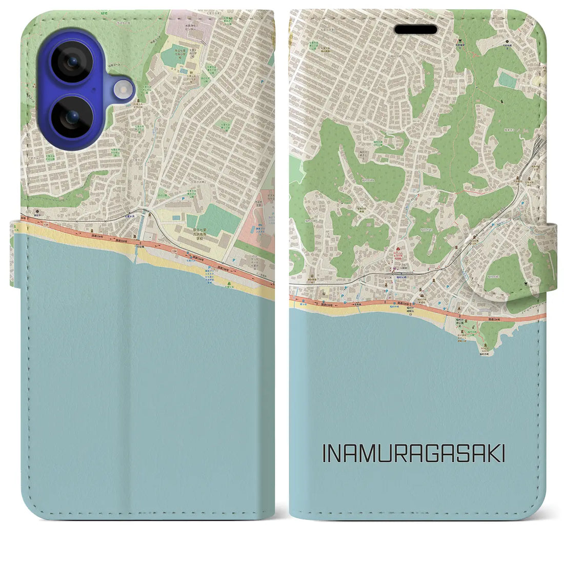 【稲村ヶ崎(神奈川県)】地図柄iPhoneケース(手帳タイプ)ナチュラル・iPhone 16 Pro Max 用