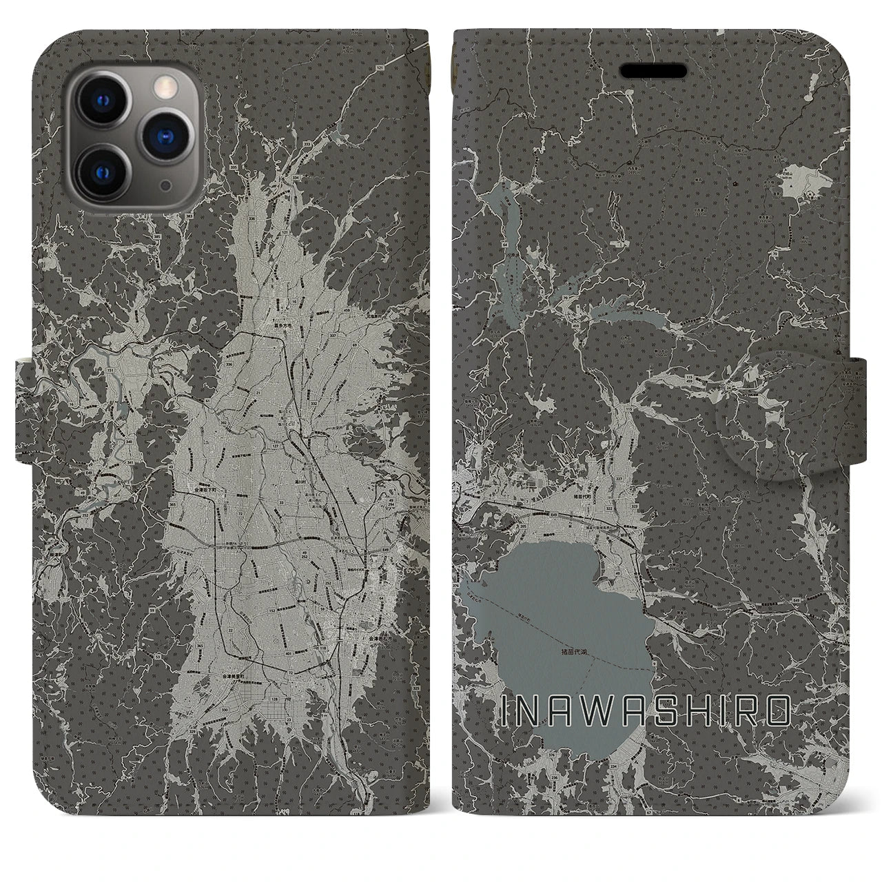 【猪苗代(福島県)】地図柄iPhoneケース(手帳タイプ)モノトーン・iPhone 11 Pro Max 用